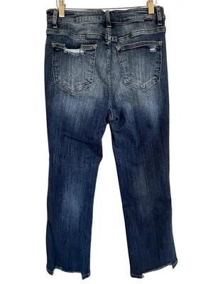 Risen Jeans Women’s 9/29 Mid Rise Distressed Bootcut Jeans Raw Hem Stretch Denim thumbnail 4