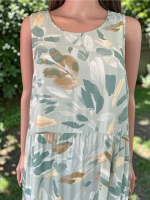 A New Day Sage Abstract Floral Tiered Maxi Dress Large 100% Rayon Boho thumbnail 2