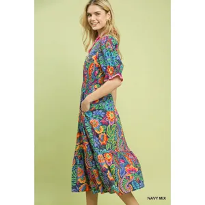 Umgee Mix‎ Floral Midi Dress with Ruffle Trim - Navy Mix - Small thumbnail 2