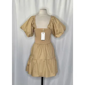 NWT! ENDLESS ROSE Mix Media Mini Dress Latte Brown Puff Sleeves Corset Bodice XS thumbnail 6
