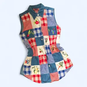 Vintage Cottagecore Farm Ranch Western Unique patchwork Button up shirt top blouss vest embroidered cowgirl Sz S Measurement in pics thumbnail 2