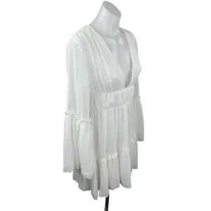 Miss Ord Women's White Deep V Neck Long Sleeve Tiered Mini Flare A-Line Dress XS thumbnail 2