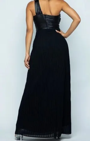 Pleated Maxi dress one shoulder. Faux leather. (S) thumbnail 3