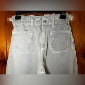 Zara Light Green cropped Paper Bag elastic waist jeans with front pockets Size 2 thumbnail 4
