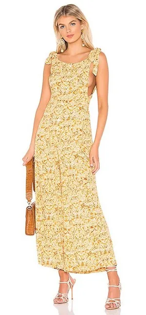 Free People Boho Maxi Dress M Yellow Paisley Smocked Tie Strap Flowy Festival thumbnail 1