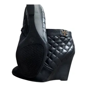 Tory Burch Leila Black Quilted Leather Wedge Ankle Booties Gold Logo Zip Size 8M thumbnail 6