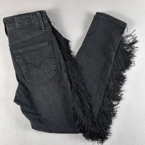 Levis 721 Jeans Women 29 Black High Rise Skinny Ankle Fringe Boho Western Denim thumbnail 3