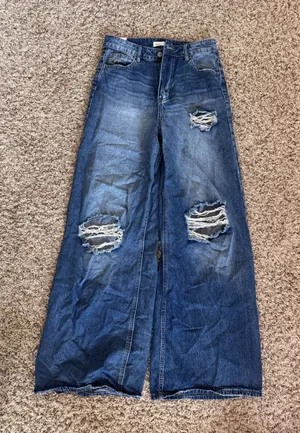 Wide Leg Distressed Blue Women's Jeans thumbnail 1