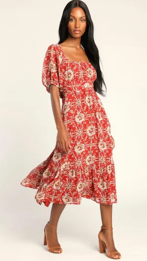 Lulus Rust Red Floral Midi Dress thumbnail 2