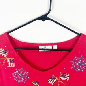 QUACKER FACTORY Red Long Sleeves Embellished Beaded Patriotic Top, Size Large thumbnail 9