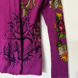 Ed Hardy Y2K Eternal Love Dagger Geisha Zip Front Hooded Cardigan Sweater XS thumbnail 2