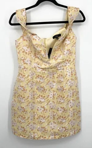 Lulu's Favorite Song Yellow Floral Jacquard Off-the Shoulder Mini Dress M NEW thumbnail 1
