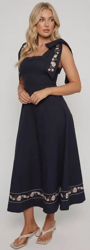 Petal & Pup Navy Blue Linen Blend Floral Embroidered Midi Dress Size Medium thumbnail 1