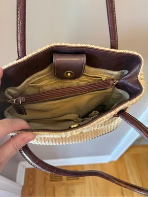 Straw Tote Bag with Brown Leather Trim - Classic Women's Shoulder Bag thumbnail 2