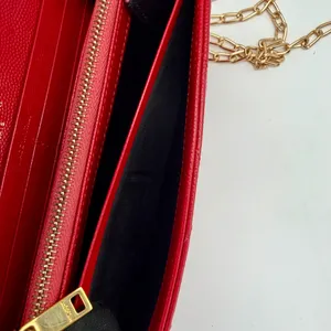 Yves Saint Laurent YSL Monogram Chevron Leather Clutch Crossbody Wallet with Chain Red thumbnail 8