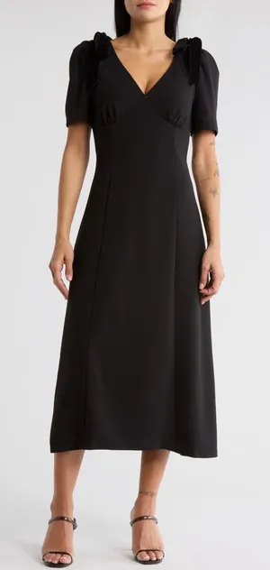 NWT Astr The Label Black V-Neck Bow Detail Midi Dress Size Small (S) thumbnail 1