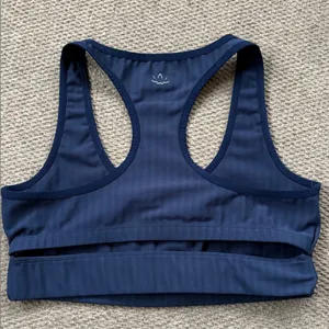 Like New Beyond Yoga Work It Over Long Line Sports Bra Navy Stripe XL Retail $70 thumbnail 10