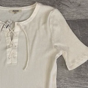 Madewell NEW Ribbed Lace Up Tee Shirt Womens L Short Sleeve Ivory White FLAW thumbnail 3
