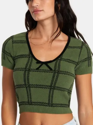 RVCA Green Black Plaid Knit Crop Top Bow Scoop Neck Short Sleeve EUC Size M thumbnail 1