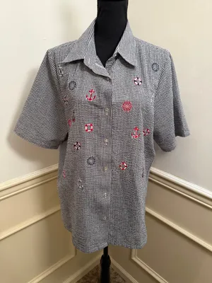 Vintage Bonworth Cottagecore Coastal Gingham Short Sleeve Button Up Embroidered thumbnail 1