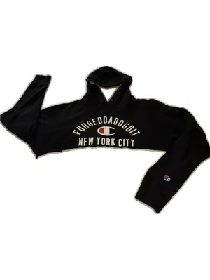 Champion Hoodie Black Cropped New York City Fuhgeddaboudit Size L thumbnail 2