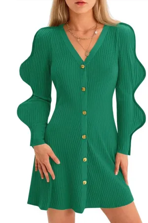NEW Puff Long Sleeve Sweater Mini Dress Casual Button Down Ribbed L thumbnail 1