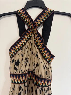 Women's Tan and Black Patterned Maxi Dress with Embroidered Trim thumbnail 3