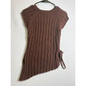 Zara Womens Brown Ribbed Asymmetrical Side Tie Short Sleeve Knit Top Small thumbnail 4