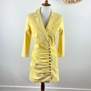 Retrofête Willa Yellow Denim Mini Dress Ruched Button Front Italy M thumbnail 11