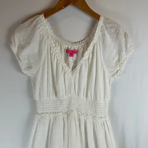Betsey Johnson White Swiss Dot Midi Dress Smocked Waist Tiered Ruffle Milkmaid M thumbnail 7