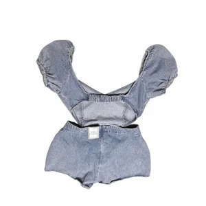 Lulus Blushing Beauty Light Wash Denim Puff Sleeve Romper size Large thumbnail 6