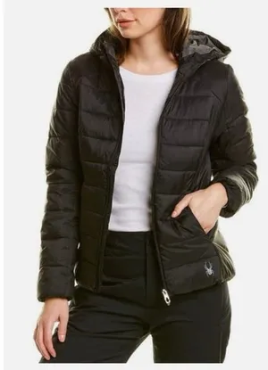NWT Spyder Clara Puffer jacket Black Hooded Coat Woman size medium thumbnail 1