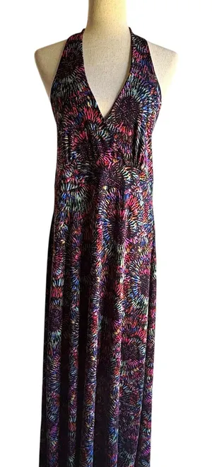 Black Multicolor Halter Maxi Dress with Abstract Burst Print thumbnail 1