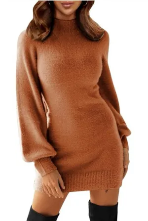 Exlura Mock Neck Long Lantern Sleeve Bodycon Pullover Mini Sweater Dress Medium thumbnail 1