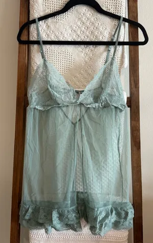 NWOT Victoria’s Secret Sage Green Lace & Mesh Open Front Slip Dress thumbnail 1