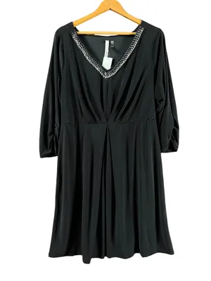 NY Collection Black V-Neck Jersey Dress with Chain Trim NWT 1X thumbnail 2