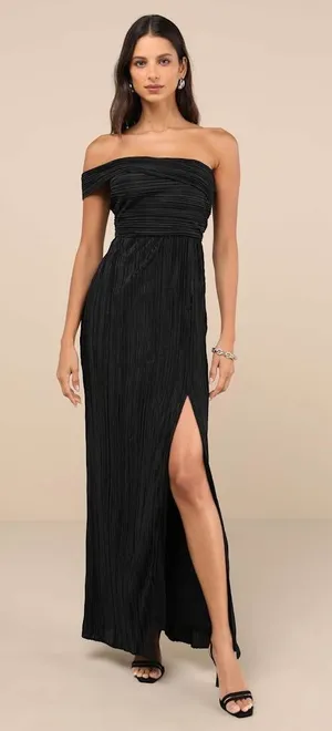 NWT Lulus Poised Performance Black Plisse One-Shoulder Maxi Dress Banquet Size S thumbnail 1