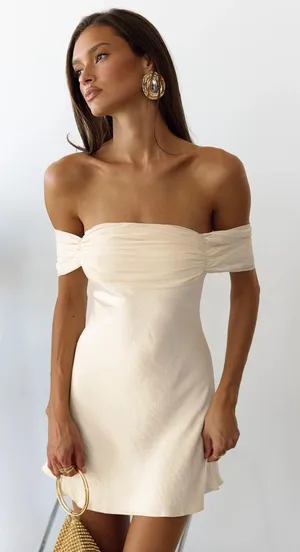 Princess Polly Adoration cream off the shoulder satin mini dress thumbnail 1