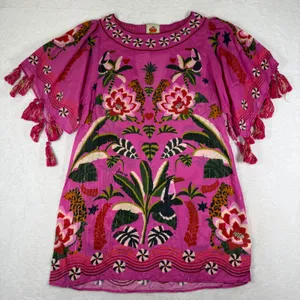 Farm Rio Pink Tropical Leopard Floral Tassel Tunic Top XS 307082 Metallic Lurex thumbnail 1