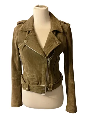 BLANKNYC Genuine Suede Leather Moto Jacket Olive Belted Biker Size Small thumbnail 1
