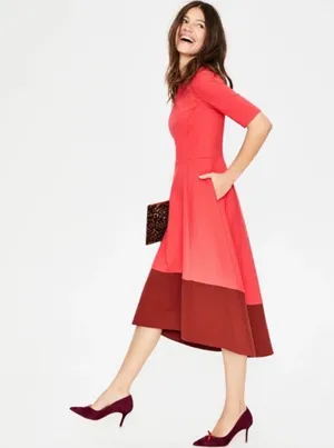 Boden Red Midi Dress Fit Flare Colorblock A-line Elegant Chic Pockets Size 6R thumbnail 2