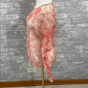 Zara Sheer Floral Ruffle-Sleeve Blouse - Pink & Cream thumbnail 2
