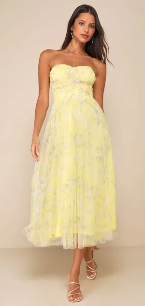 NWT Lulus Perfect Whimsy Yellow Floral Mesh Strapless Midi Dress Tube Size XL thumbnail 1