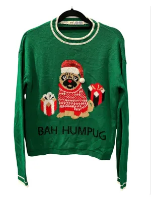 Jolt Bah Humbug Green Ugly Christmas Sweater Dog Santa Hat Women's Medium Sequin thumbnail 1