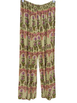 Boho Floral Wide Leg Palazzo Pants Size 38 Sage Green Pink Print Elastic Waist thumbnail 5