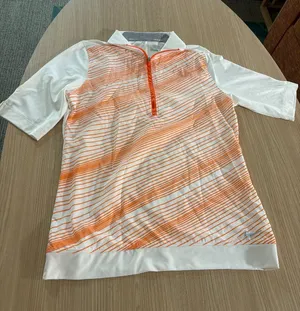 Nike Golf Polo Shirt Medium White Orange Stripe Collared Short Sleeve Polyester thumbnail 1