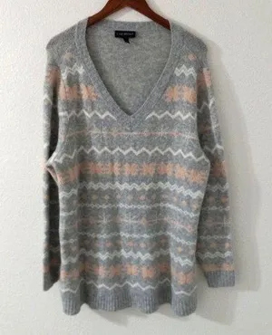 Lane Bryant 18/20 Soft V-'Neck Fair Isle Pullover Sweater in Gray White Peach thumbnail 1