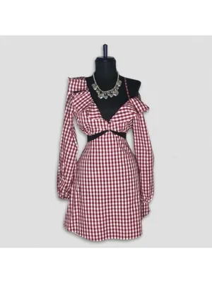 Lovers and Friends Gingham Red One Shoulder Mini Dress M thumbnail 3