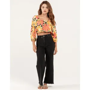 Billabong Yellow Orange Pink Floral Sun City Puff‎ Sleeve Crop Blouse Large thumbnail 10