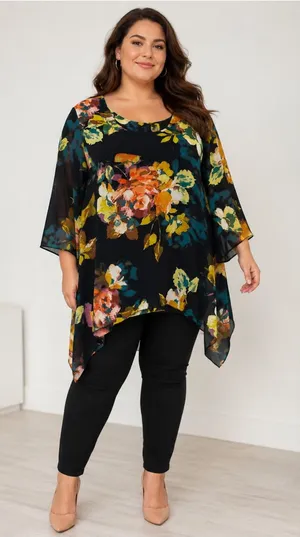 Unique Spectrum Black Floral Chiffon Tunic with Teal and Mustard Accents Y2K thumbnail 1